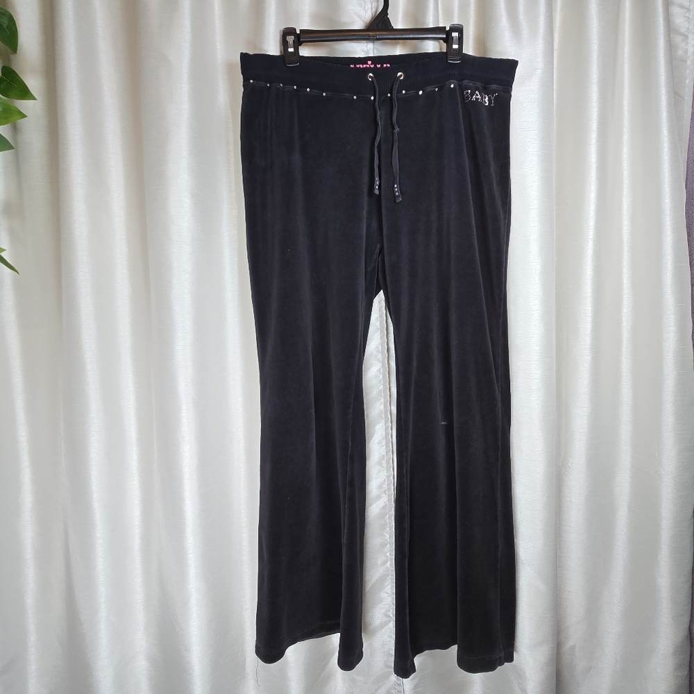 Apollo Women's Black Velvet Velour Wide Leg Rhinestone Pants Size 2X